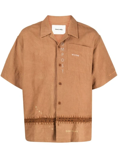 Story Mfg. Greetings Embroidered Cotton-blend Shirt In Brown Ground Hugger