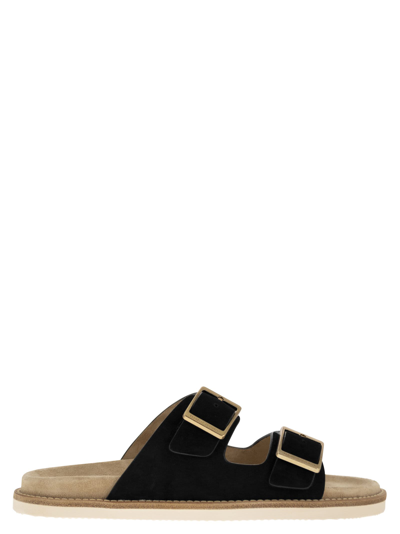 Brunello Cucinelli Double-buckle Suede Slides In Black/beige