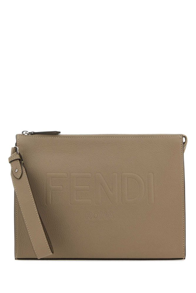 Fendi Logo Embossed Zipped Pouch In Beige