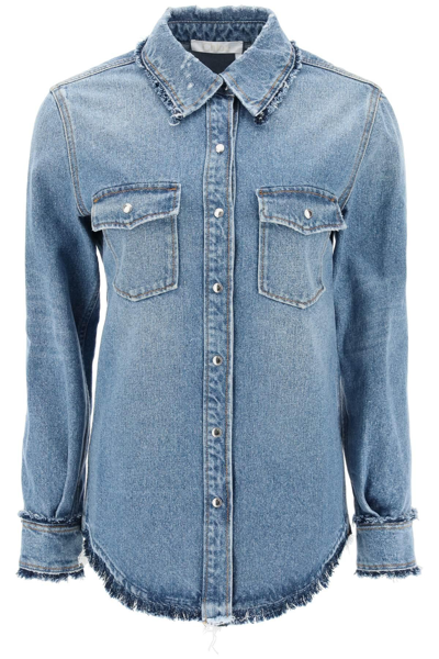 Chloé Frayed-edge Recycled Denim Collared Shirt In Blue