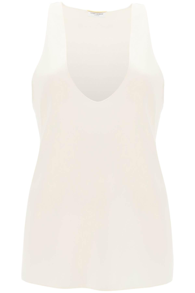 Saint Laurent Scoop Neck Silk Tank Top In White