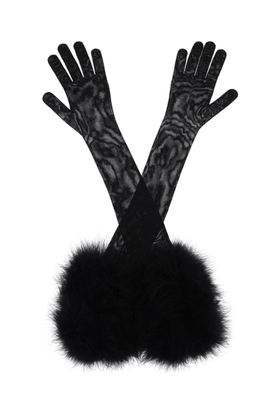 Saint Laurent Feathered Long Gloves In Black