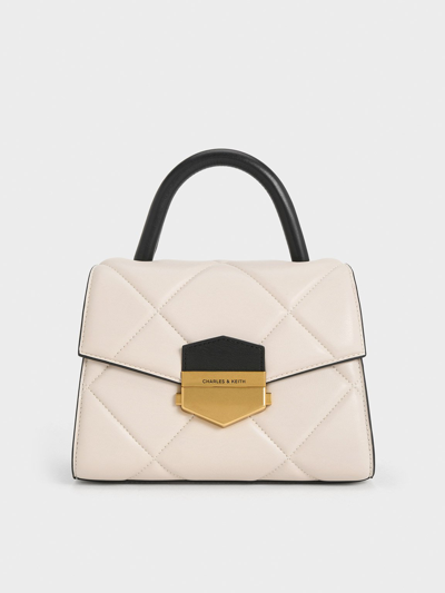 Charles & Keith Vertigo Two-tone Quilted Trapeze Top Handle Bag In Neutral
