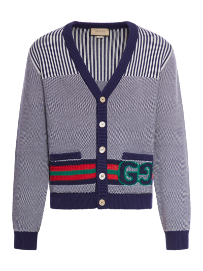 Gucci Men Cardigan In Wool And Cotton With Gg In Blue