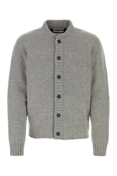 Palm Angels Curved-logo Wool-blend Cardigan In Grey