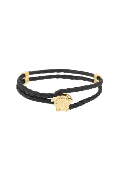 Versace Medusa Leather Bracelet In Black,gold