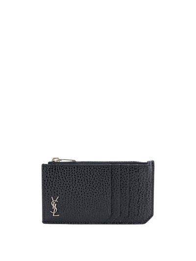 Saint Laurent Tiny Cassandre Frangments Zipped Card Case In Black