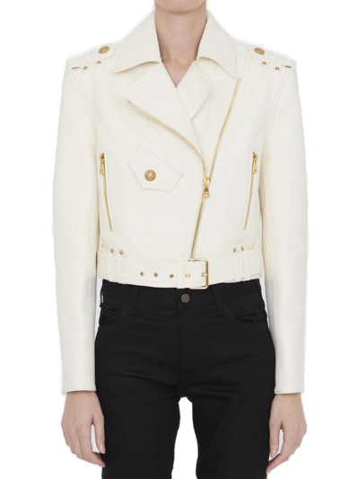 Balmain Zipped Leather Biker Jacket In Beige