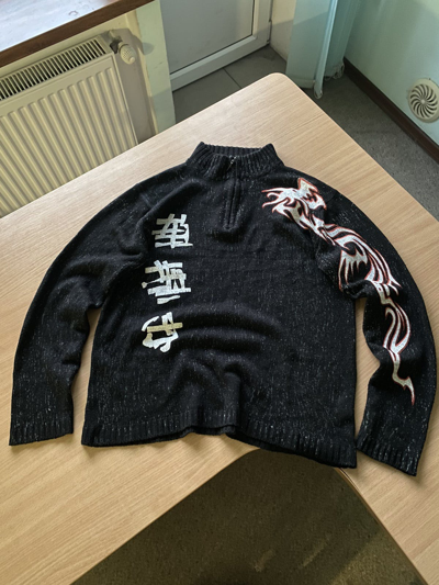 Pre-owned Vintage Japanese  1/3 Zip Knit Sweater Y2k Japan Dragon In Black Gray