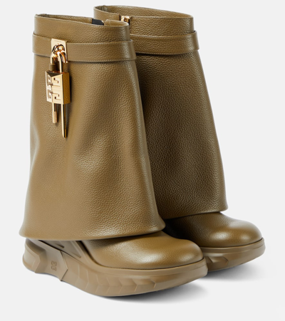 Givenchy Shark Lock Biker Ankle Boots In Grained Leather In Dark Khaki