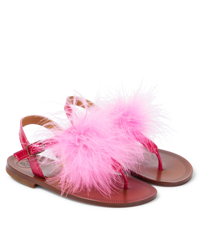 Pèpè Kids' Vernice Feather-trimmed Leather Sandals In Pink