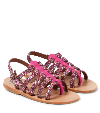 Pèpè Kids' Galassia Glitter Leather Sandals In Pink