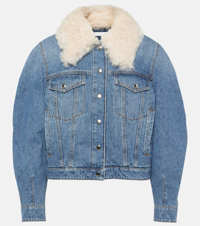 Chloé + Net Sustain Cropped Shearling-trimmed Denim Jacket In Foggy_blue