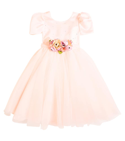 Monnalisa Kids' Floral-appliqué Embellished Tulle Dress In Pink