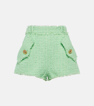 Balmain Tweed Mini Shorts In Light Green