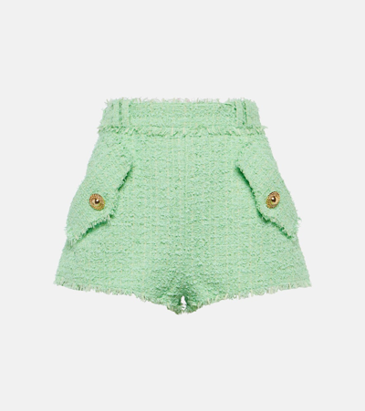 Balmain Tweed Mini Shorts In Green