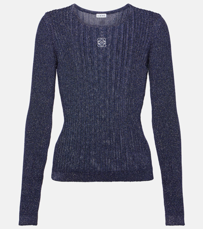 Loewe Anagram Embroidered Metallic Rib Crewneck Jumper In Dark Blue