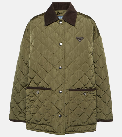 Prada Re-nylon Quilted Corduroy Trim Jacket In Khaki