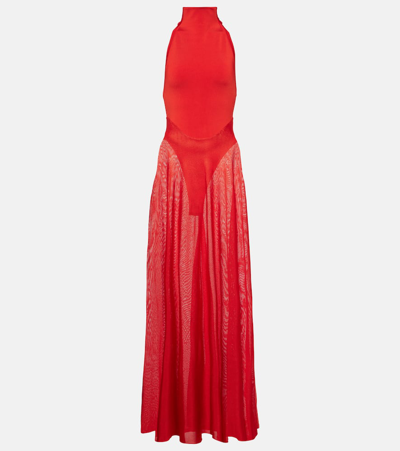 Alaïa Jersey And Mesh Maxi Dress In Red