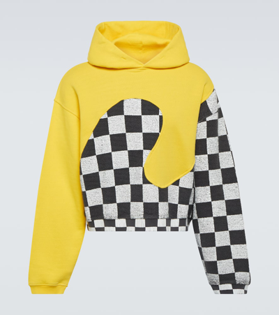 Erl Check-pattern Panelled Cotton Hoodie In Yellow