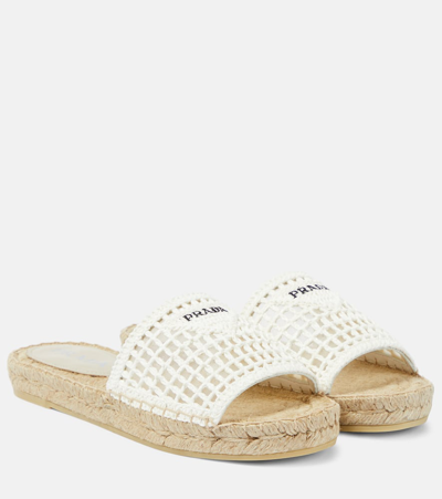 Prada Woven Logo Flat Slide Espadrilles In Bianco Nero