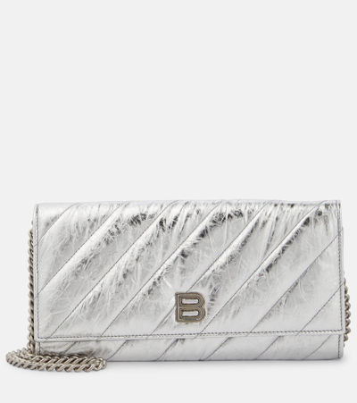 Balenciaga Crush Metallic Leather Wallet On Chain In Silver