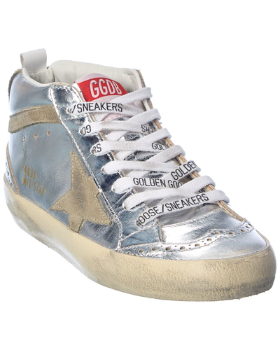 Golden Goose Mid Star Leather Trainer In Silver