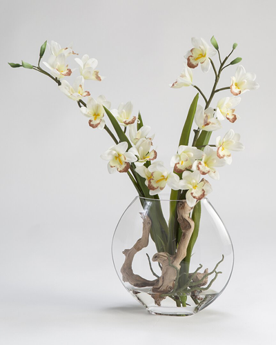 D&w Silks Cream Cymbidium Orchids In Small Glass Pillow Vase In Transparent