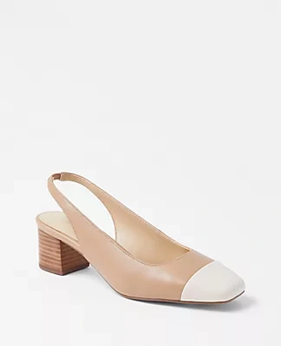 Ann Taylor Leather Cap Toe Block Heel Pumps In Desert Sand