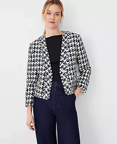 Ann Taylor Houndstooth Tweed Cropped Cardigan Jacket In Blue