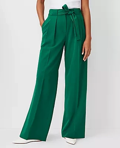 Ann Taylor Tie Waist Pleated High Rise Wide Leg Pants In Fresh Evergreen