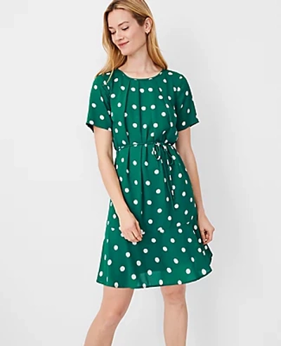 Ann Taylor Dot Flounce Hem Belted Shift Dress In Fresh Evergreen