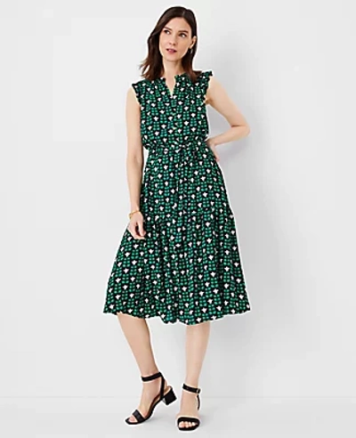 Ann Taylor Floral Tile Ruffle Belted Flare Dress In Grass Green