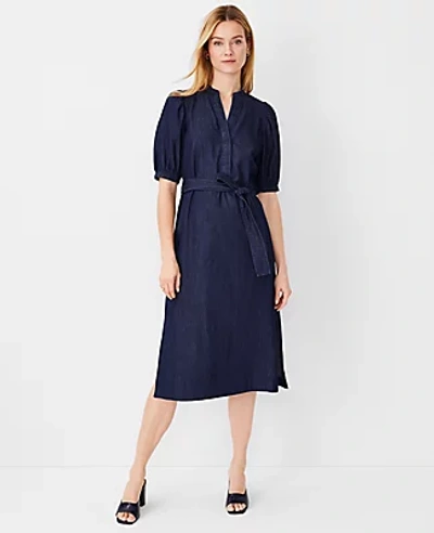 Ann Taylor Chambray Puff Sleeve Belted Shirtdress In Indigo Chambray