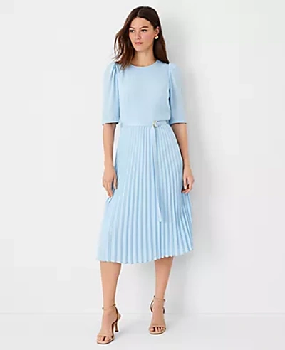 Ann Taylor Belted Pleated Flare Dress In Perfect Sky