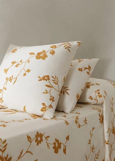 Mango Home Cotton Pillowcase With Flower Design 60x60cm Ochre In Brown