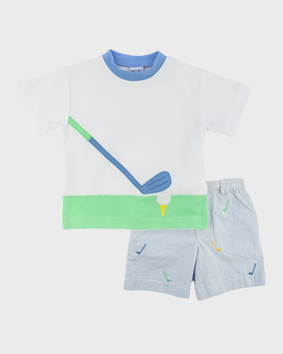 Florence Eiseman Kids' Boy's Seersucker Shorts W/ Golf Club T-shirt In Multi