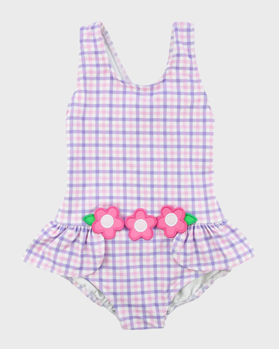 Florence Eiseman Kids' Girl's Plaid-print Swimsuit W/ Flowers In Pink/white