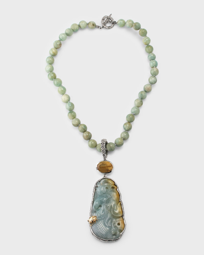 Stephen Dweck Vintage Hand Carved Jade Gold Hair Rutilated Quartz And Aquamarine Necklace In Multi