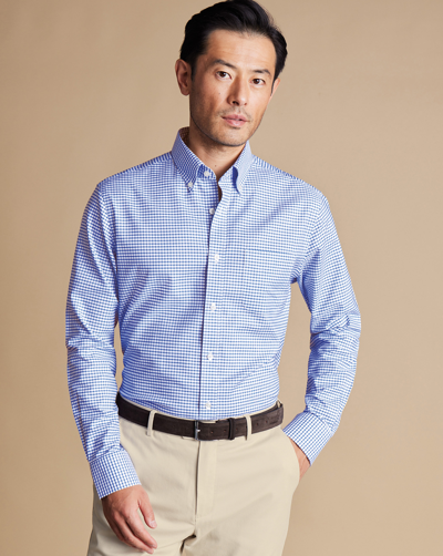 Charles Tyrwhitt Men's  Button-down Collar Non-iron Stretch Check Oxford Casual Shirt In Blue