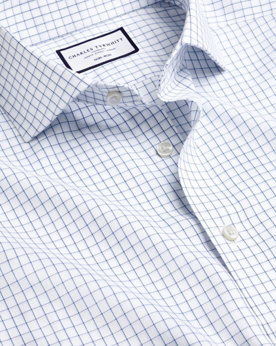 Charles Tyrwhitt Men's  Cutaway Collar Non-iron Twill Twin Check Dress Shirt- Royal Blue Single Cuff