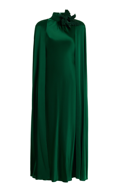 Rodarte Caped Embroidered Silk Satin Maxi Dress In Green