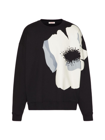 Valentino Cotton Crewneck Sweatshirt With Flower Portrait Print In Black/grey/ivory