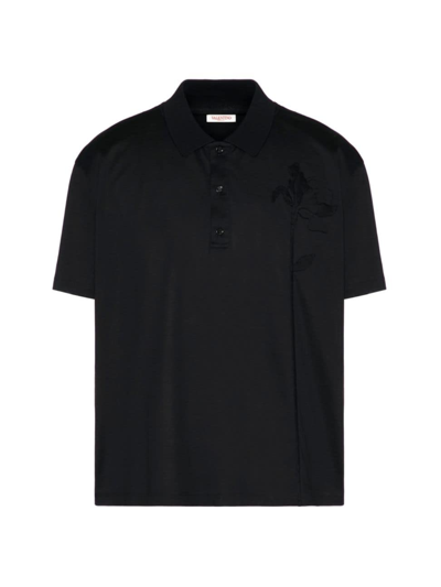 Valentino Men's Mercerized Cotton Polo Shirt With Flower Embroidery In Black