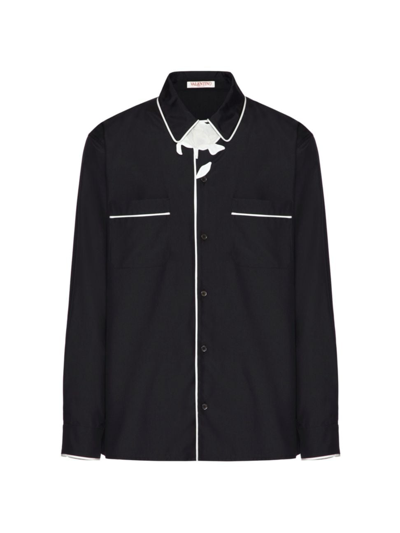 Valentino Men's Silk Poplin Pajama Shirt With Flower Embroidery In Black