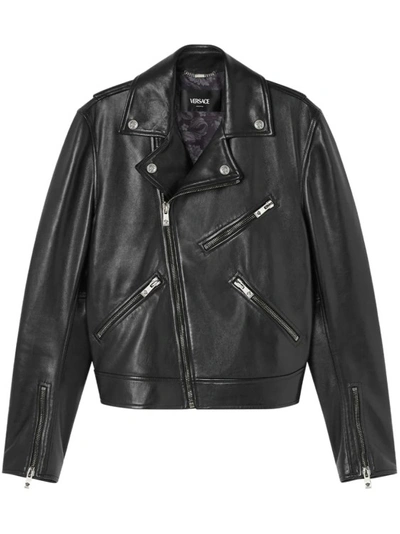 Versace Leather Biker Jacket In Black