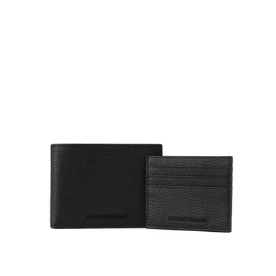 Emporio Armani Official Store Gift Box With Wallet And Card Holder In Tumbled Leather In Black