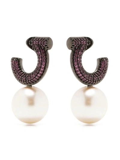 Ferragamo Baroque Pearl Hoop Earrings In Black