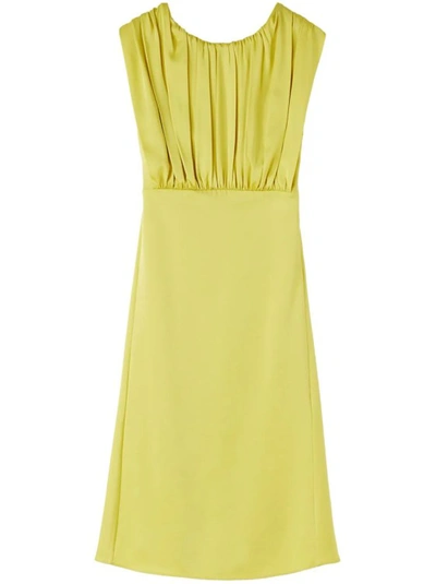 JIL SANDER GREEN PLASTRON GATHERED MIDI DRESS