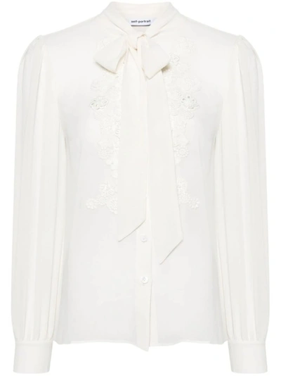Self-portrait Floral-embroidery Chiffon Blouse In White